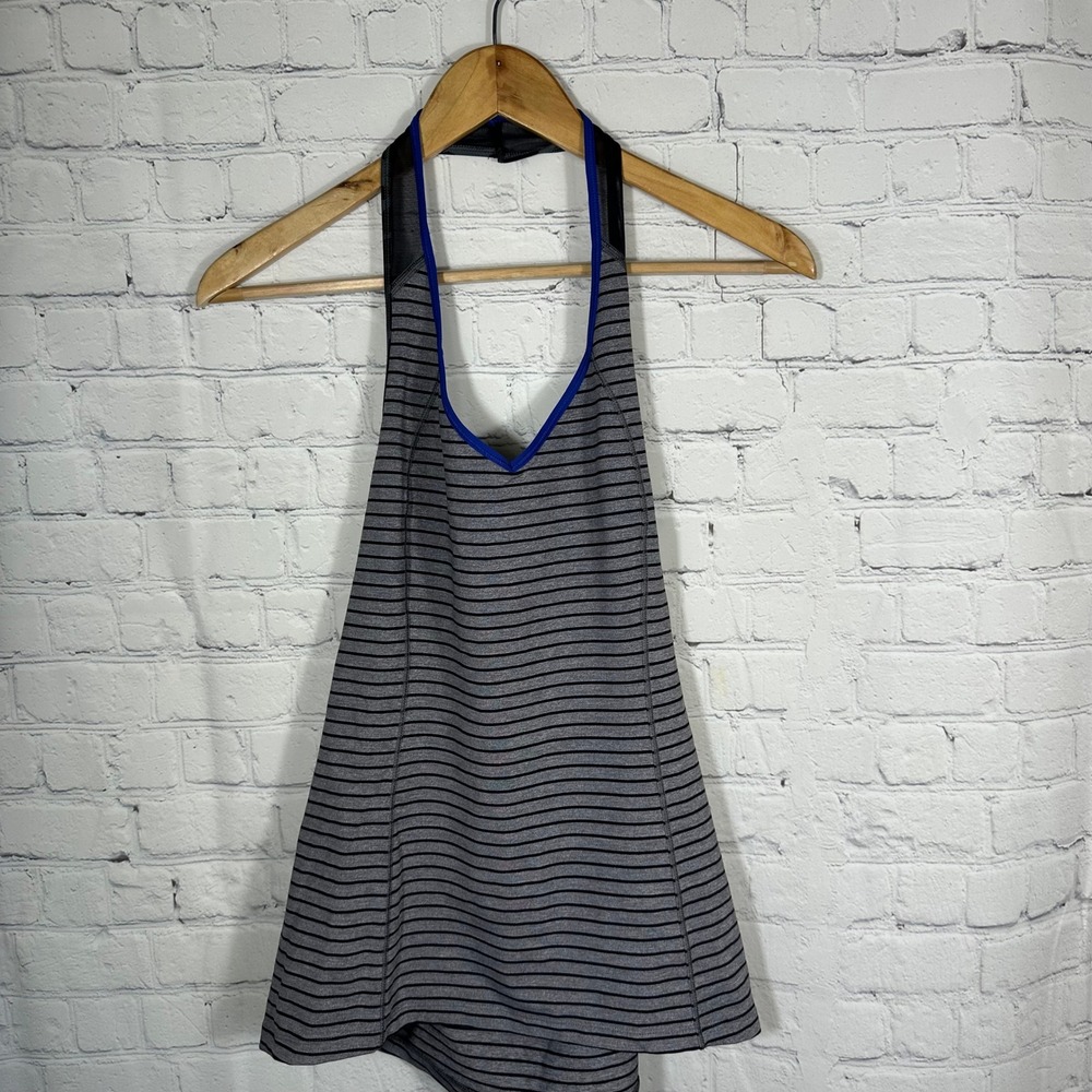 Lululemon Halter Neck Striped Tank Top Grey Black Blue‎ Trim Activewear